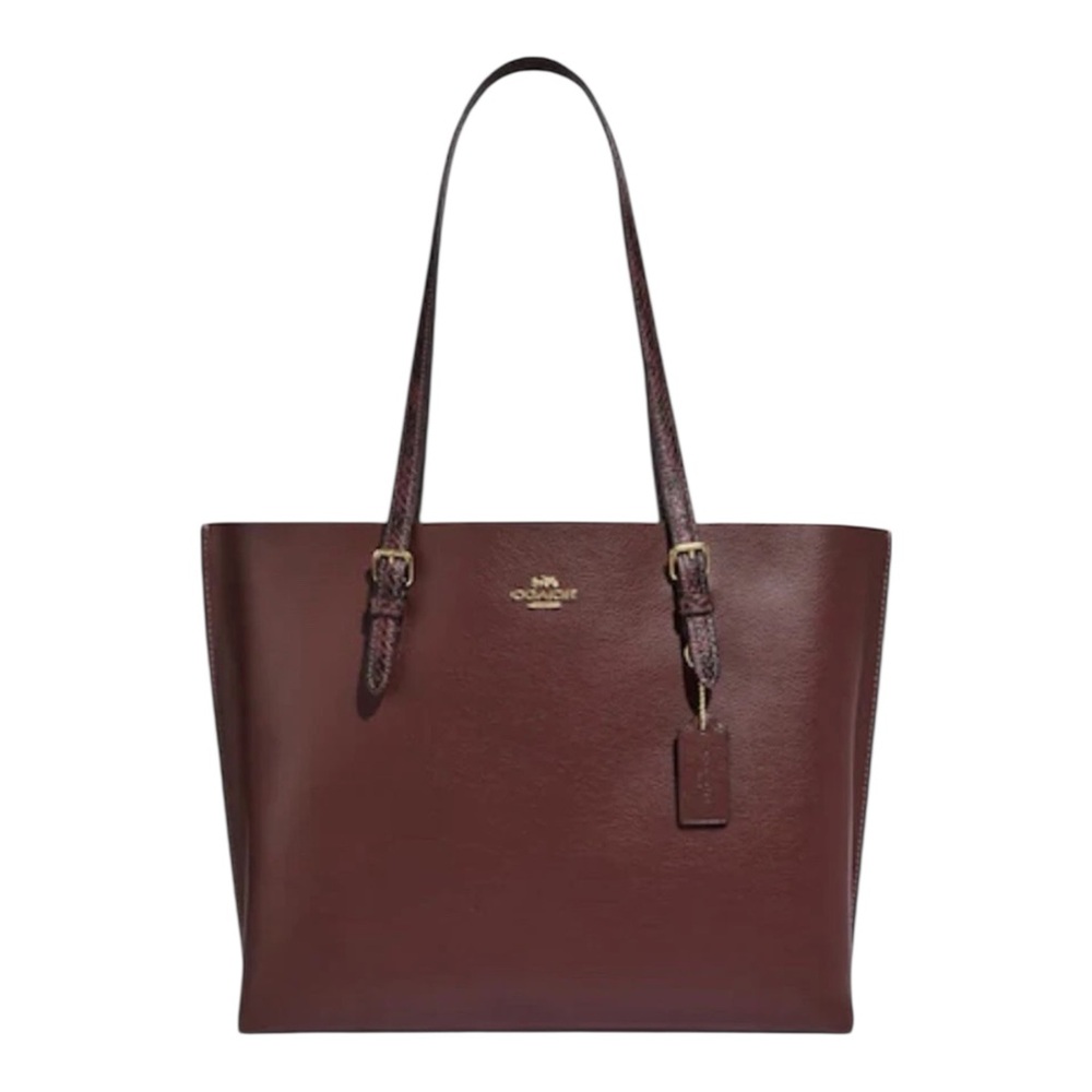 Coach Large Mollie Burgundy Leather & Snakeskin Embossed Straps Tote EUC - Picture 2 of 13
